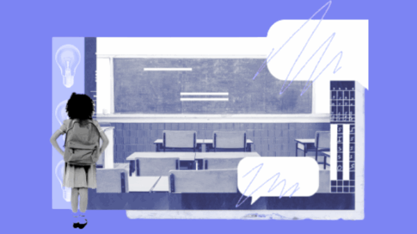 graphic of a Black student looking at a classroom for ACLU of Utah Know Your Rights in Utah Public Schools.