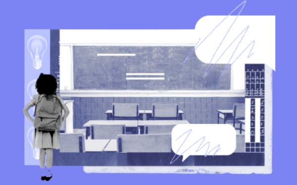 graphic of a Black student looking at a classroom for ACLU of Utah Know Your Rights in Utah Public Schools.