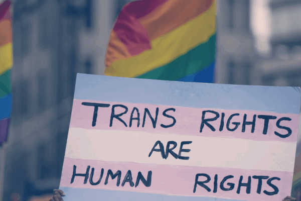 A photo of a person holing a sign that says trans rights are human rights. The sign is the transgender flag. In the background are three rainbow pride flags.