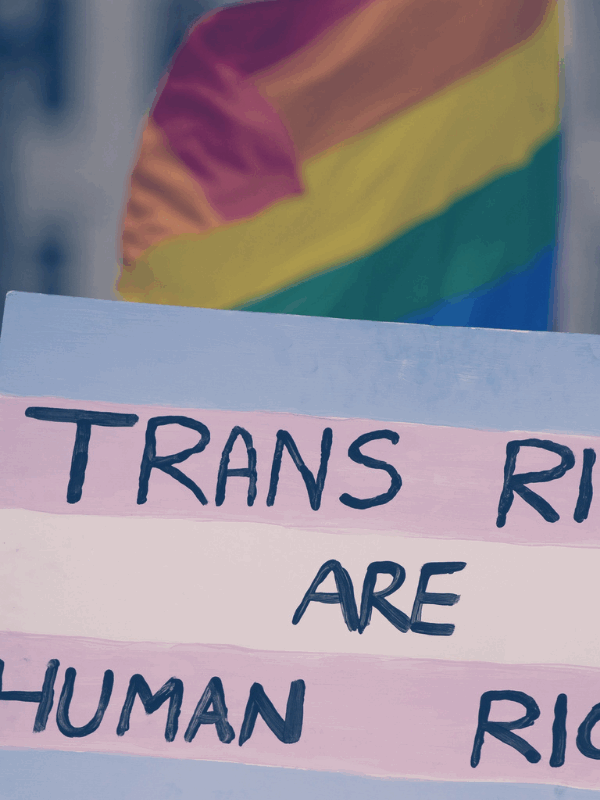 A photo of a person holing a sign that says trans rights are human rights. The sign is the transgender flag. In the background are three rainbow pride flags.
