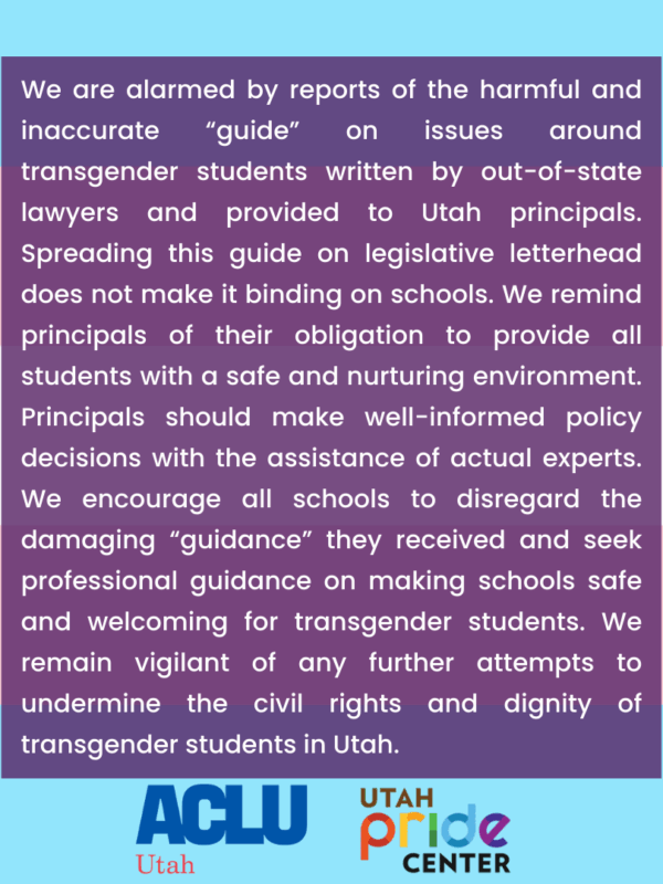 Photo of Utah Pride Center and ACLU response to harmful materials towards trans youth