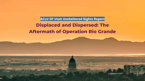 Graphic of a Dystopian Salt Lake City landscape for ACLU of Utah's Unhoused Peoples report.