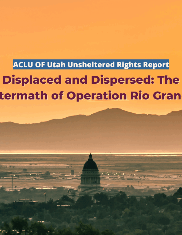Graphic of a Dystopian Salt Lake City landscape for ACLU of Utah's Unhoused Peoples report.