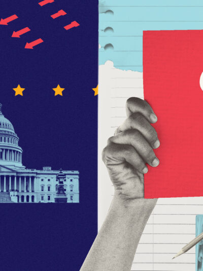 A collage of voting-related imagery including a ballot box, ballot bubbles to fill in and the U.S. Capitol building.