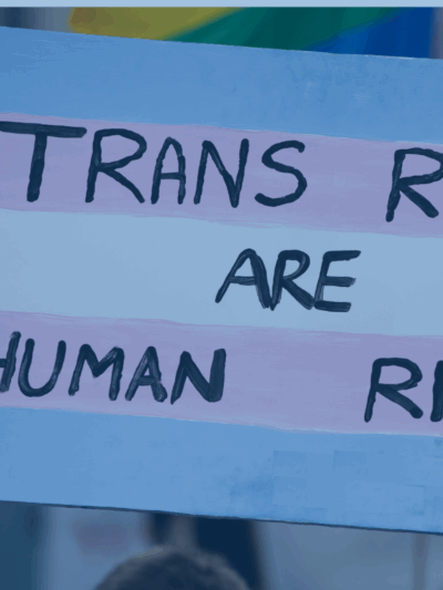 Header graphic of a sign reading Trans Rights are Human Rights.
