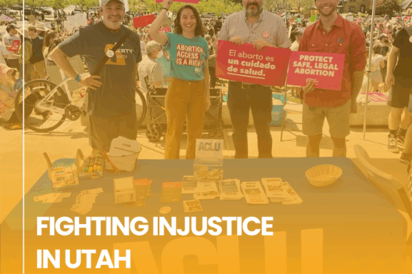 graphic for donations for aclu of utah. Photo of ACLU of Utah staff and supporters at a reproductive justice protest.