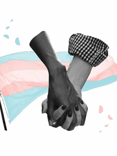 Graphic for ACLU of Utah showing two people holding hands with a transgender pride flag behind them.