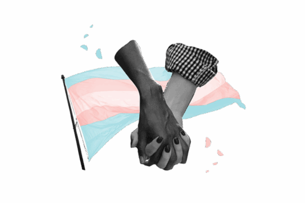 Graphic for ACLU of Utah showing two people holding hands with a transgender pride flag behind them.
