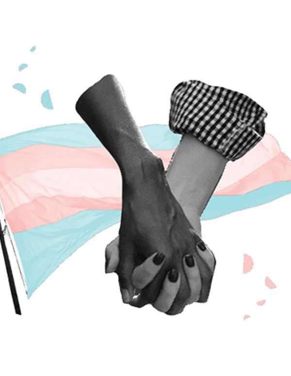 Graphic for ACLU of Utah showing two people holding hands with a transgender pride flag behind them.