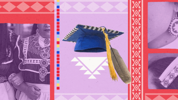A photo collage that displays a graduation cap and tribal regalia. Indigenous students are fighting against schools that prohibit wearing these items at graduation.