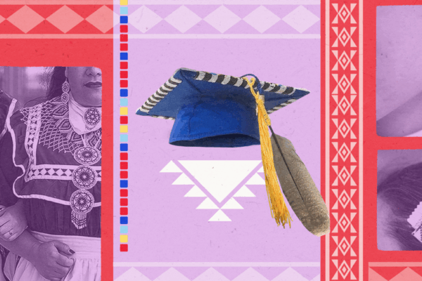 A photo collage that displays a graduation cap and tribal regalia. Indigenous students are fighting against schools that prohibit wearing these items at graduation.