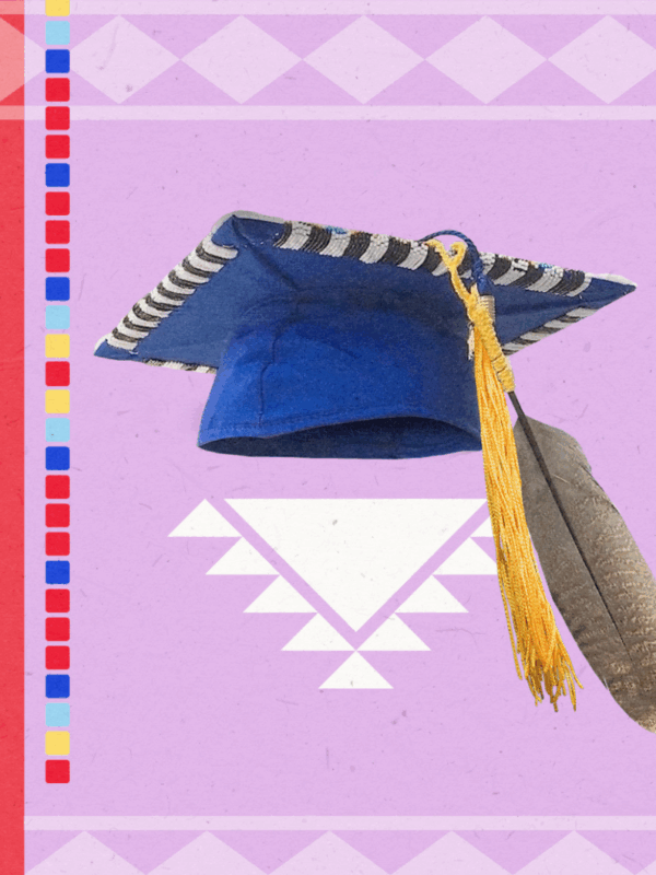 A photo collage that displays a graduation cap and tribal regalia. Indigenous students are fighting against schools that prohibit wearing these items at graduation.