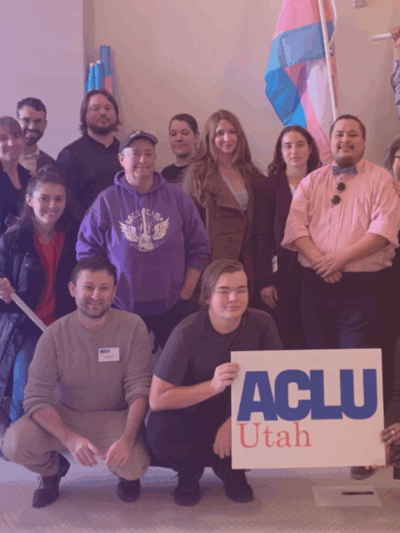 photo with ACLU of Utah staff and volunteers at the Utah State Capitol prior to a hearing about SB 16.