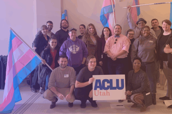 photo with ACLU of Utah staff and volunteers at the Utah State Capitol prior to a hearing about SB 16.