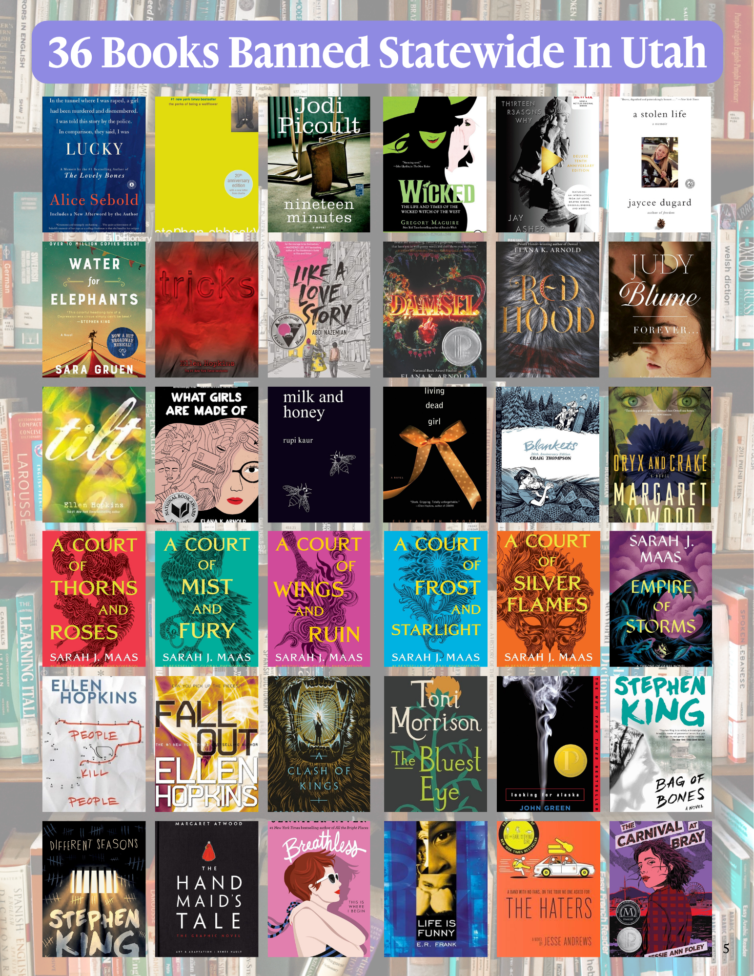 A photo collection of the 36 books banned in Utah.