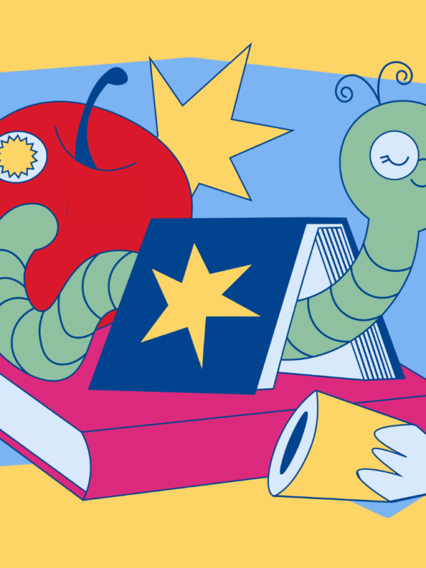 Yellow background with a picture of an apple, a worm in a book and a pencil.