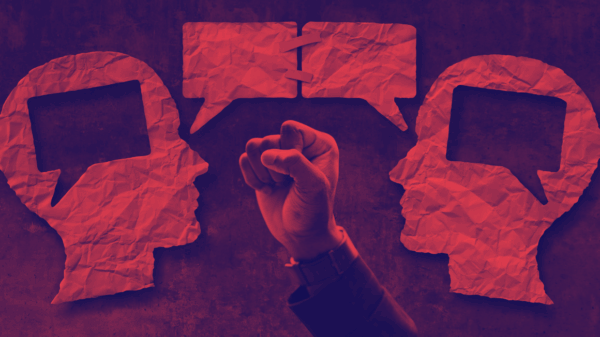 Graphic of two people speaking with a fist of empowerment overlaying it.