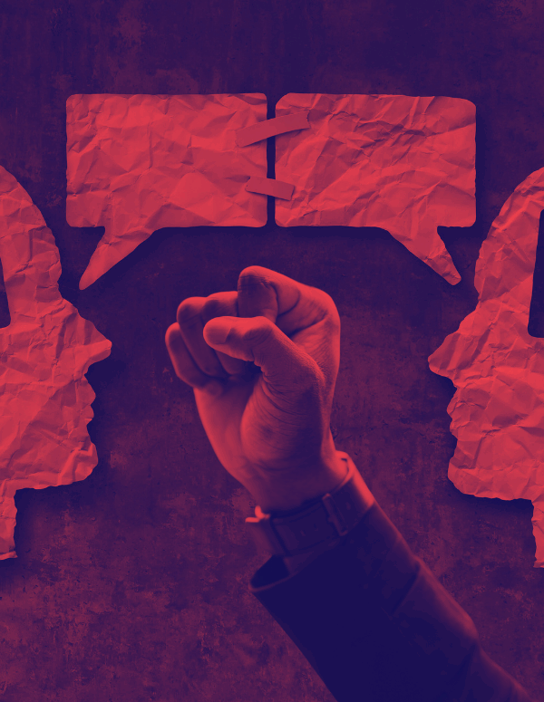 Graphic of two people speaking with a fist of empowerment overlaying it.