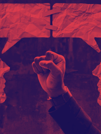 Graphic of two people speaking with a fist of empowerment overlaying it.
