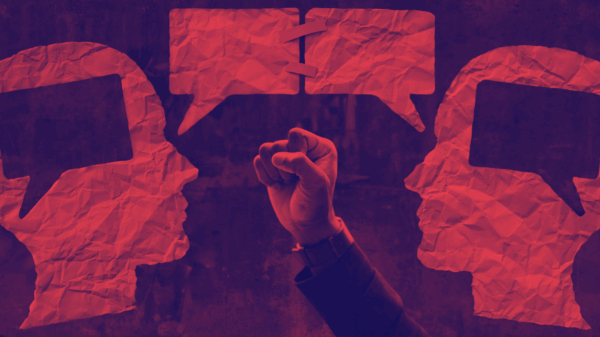 Graphic of two people speaking with a fist of empowerment overlaying it.