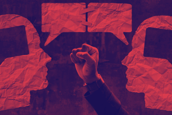 Graphic of two people speaking with a fist of empowerment overlaying it.