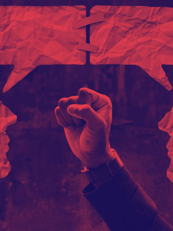 Graphic of two people speaking with a fist of empowerment overlaying it.