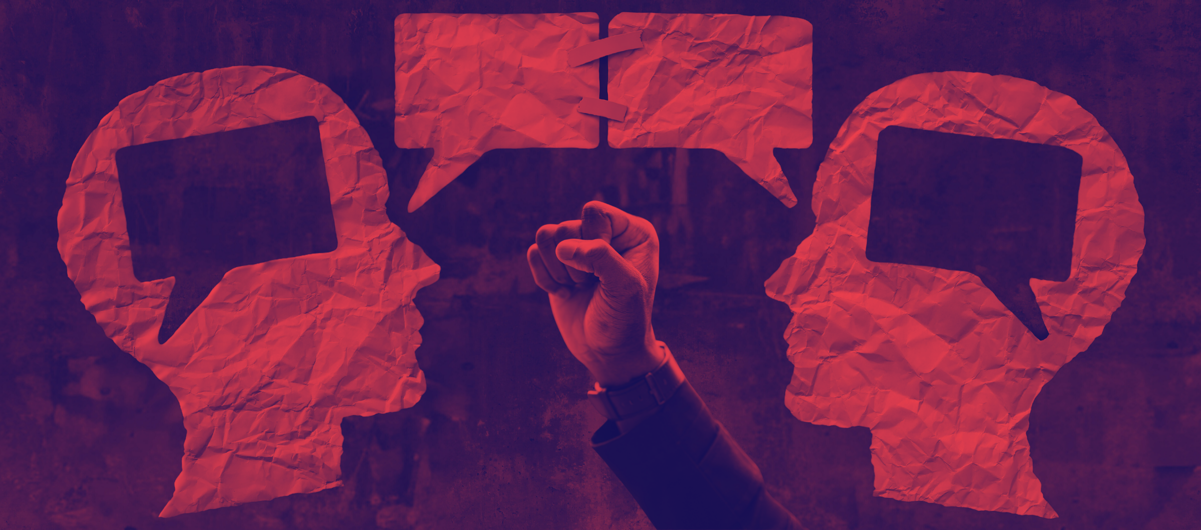 Graphic of two people speaking with a fist of empowerment overlaying it.