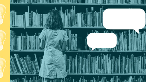 A graphic of a child looking at a shelf of library books surrounded by other graphics of thought bubbles and lightbulbs.