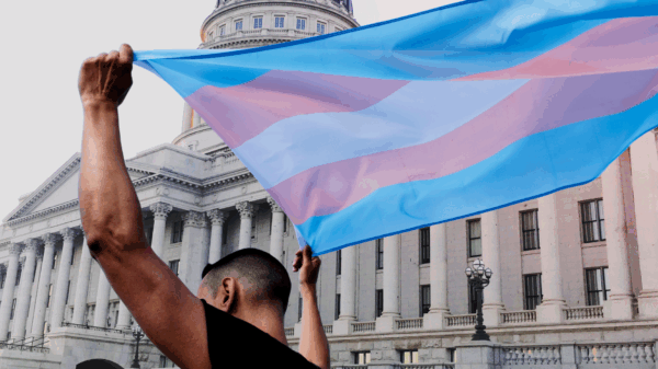 A person holding a transgender pride flag in front the Utah State Capitol.