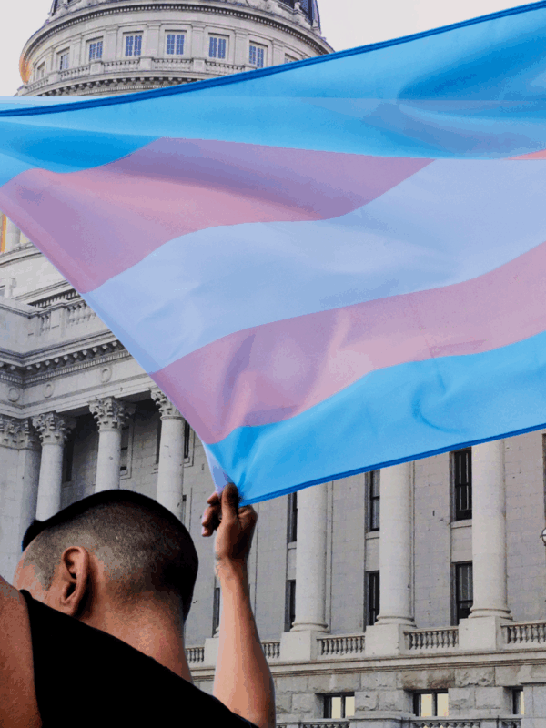 A person holding a transgender pride flag in front the Utah State Capitol.