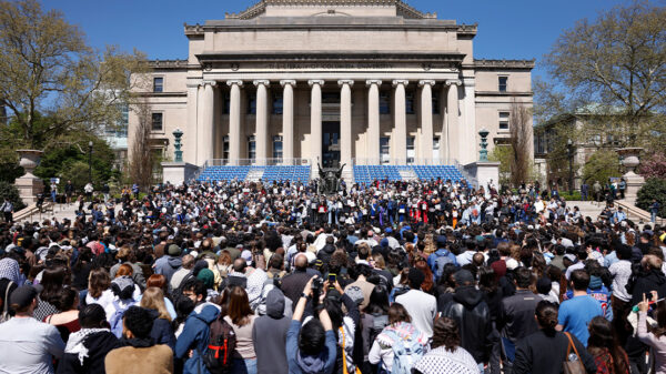A faculty rally in favor of academic free speech is held in the main quad at Columbia University in New York.