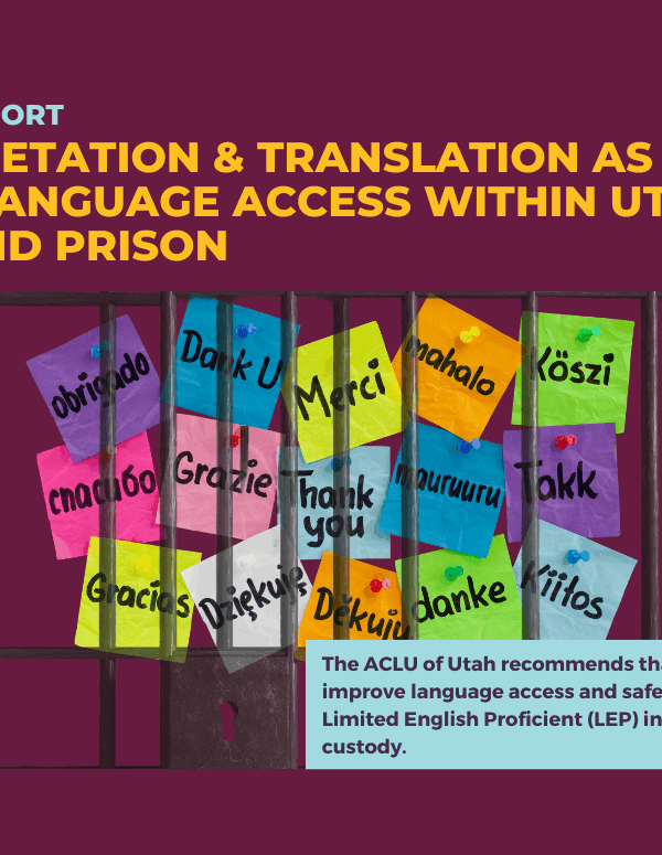 Graphic for the ACLU of Utah's Language Access within Jails and Prison Special Report written by Andrea Daniela Jimenez Flores