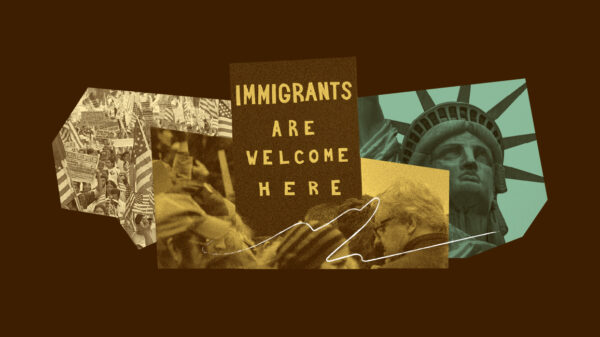 Graphic to take action against masked agents showing a sign saying Immigrants are Welcome Here.