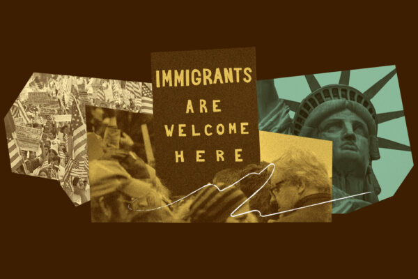 Graphic to take action against masked agents showing a sign saying Immigrants are Welcome Here.