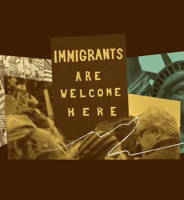 Graphic to take action against masked agents showing a sign saying Immigrants are Welcome Here.