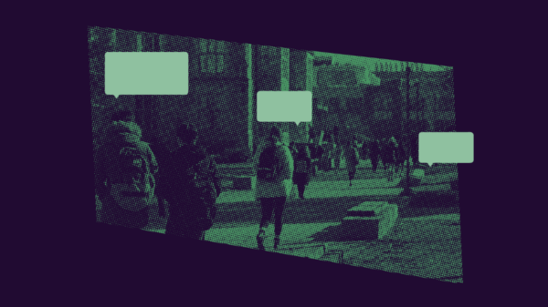 students on campus with speech bubbles.