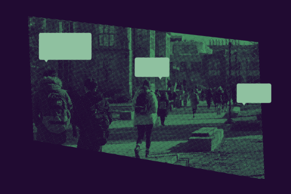 students on campus with speech bubbles.