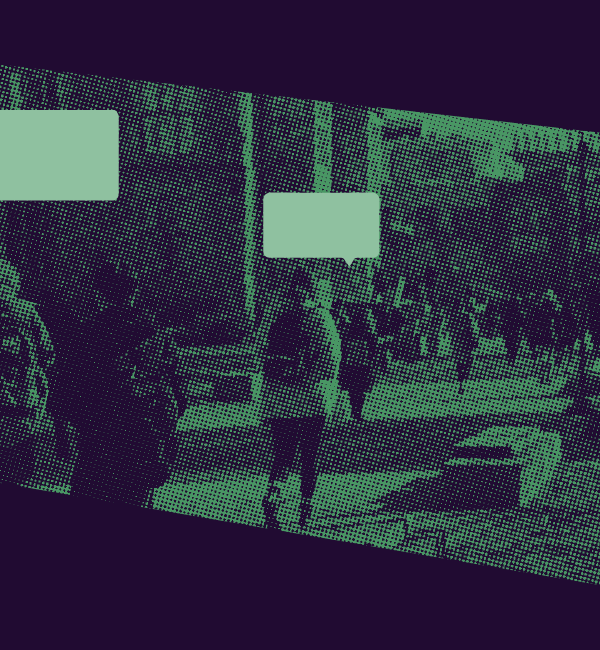 students on campus with speech bubbles.