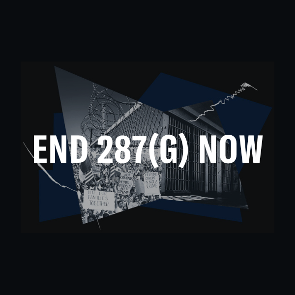 graphic with detention center in the background with words saying end 287(g) now.