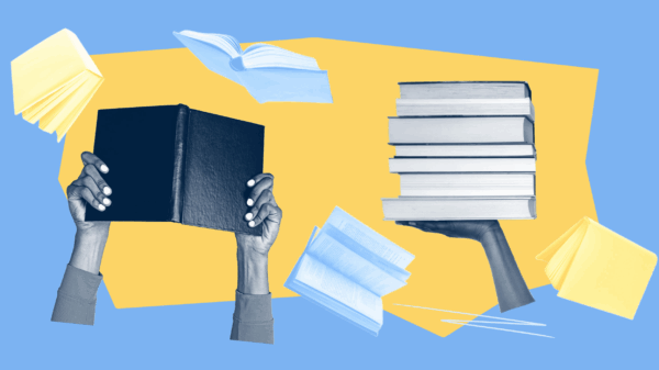 graphic for back to school showing a student arms holding up a book next to a stack of books.