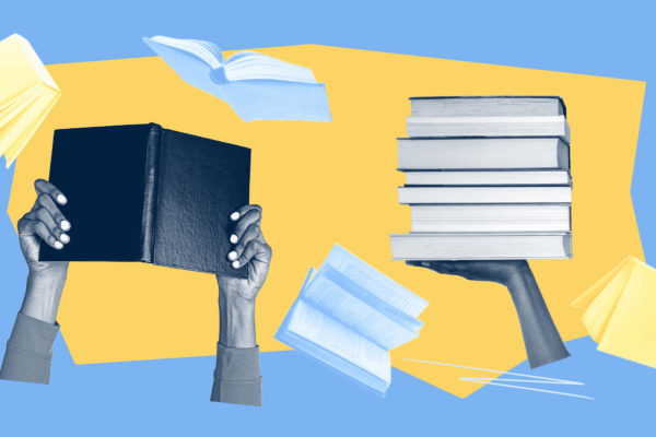 graphic for back to school showing a student arms holding up a book next to a stack of books.