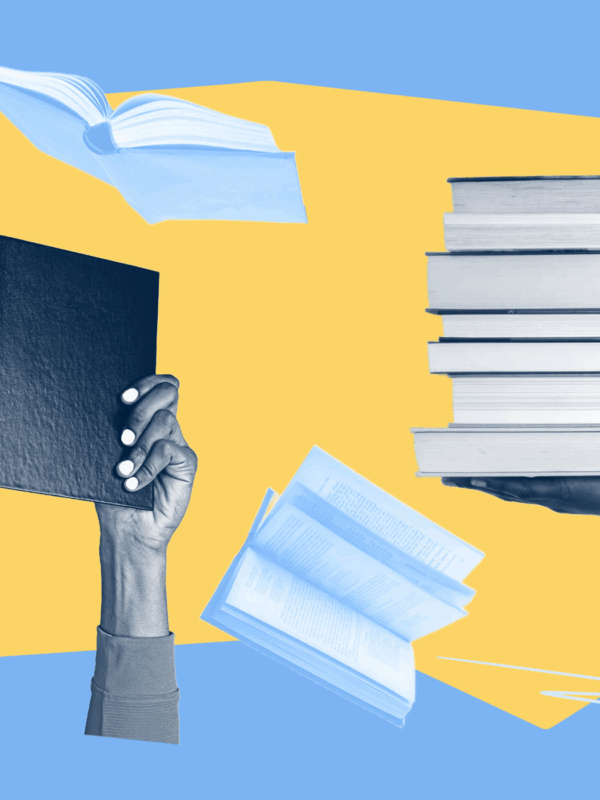 graphic for back to school showing a student arms holding up a book next to a stack of books.