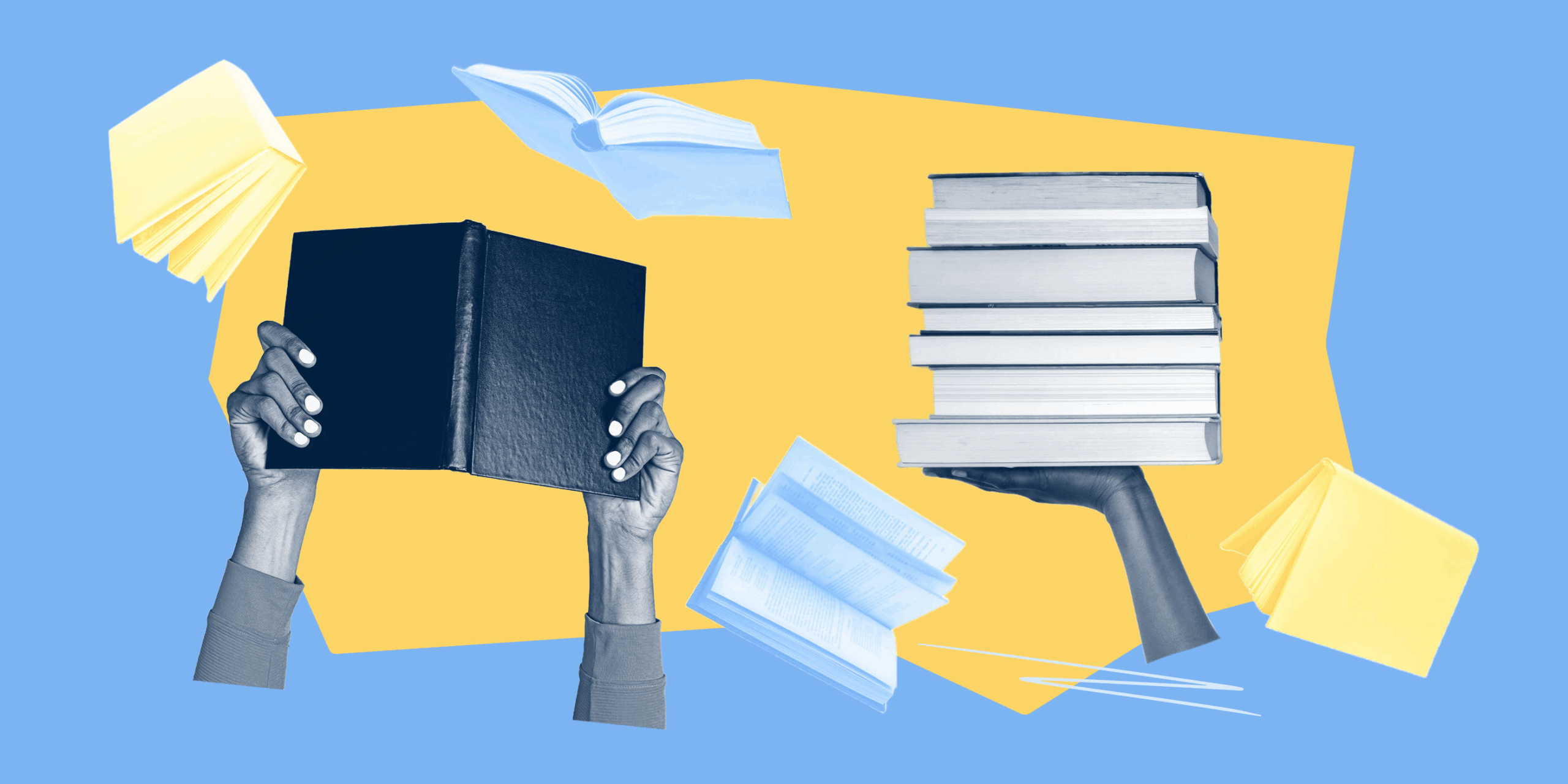 graphic for back to school showing a student arms holding up a book next to a stack of books.