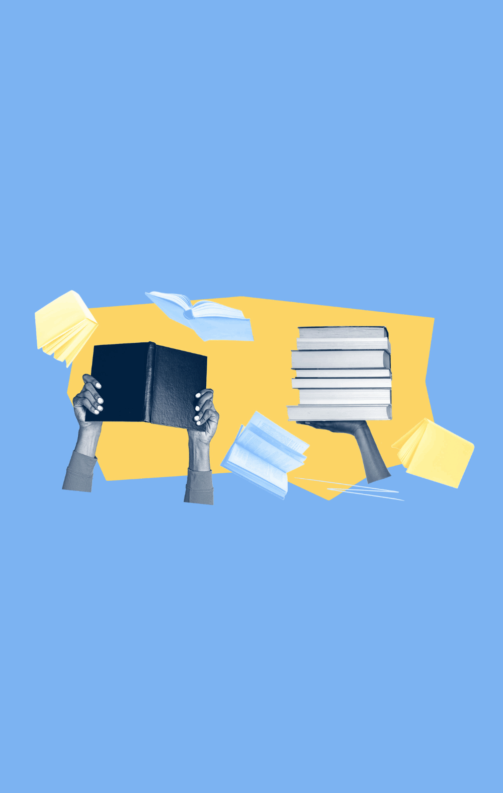 graphic for mobile phones showing a student arms holding up a book next to a stack of books.