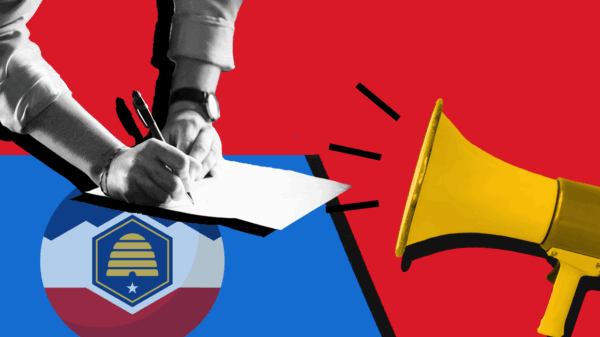 graphic of a Utahn filling out election paper work with the state flag logo and a megaphone