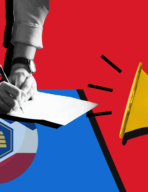 graphic of a Utahn filling out election paper work with the state flag logo and a megaphone