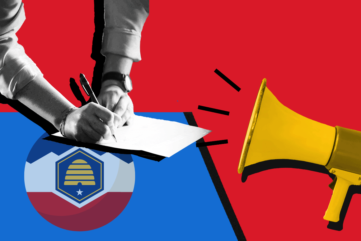 graphic of a Utahn filling out election paper work with the state flag logo and a megaphone