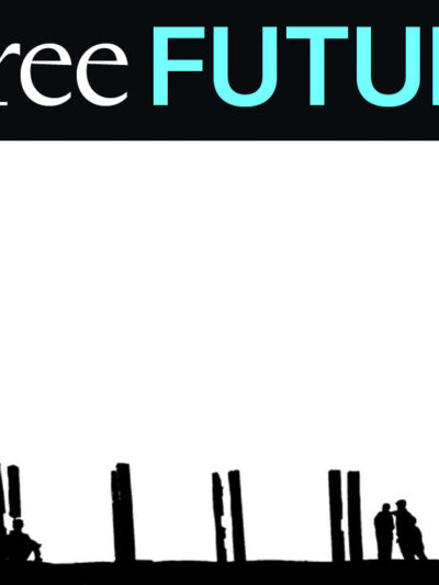 silhouette of people leaning against fenceposts that evoke a barcode