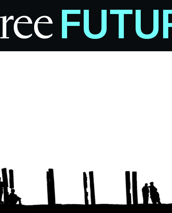 silhouette of people leaning against fenceposts that evoke a barcode