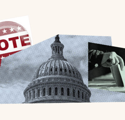 Graphic with state building, vote pin and hand.